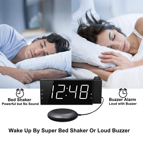 Luide wekker met bedschudder, projectiewekker voor de slaapkamer, trilwekker voor zware slapers met gehoorbeperking, plafondklok met groot led-display dimmer, USB-oplader, 12/24 H, DST - Image 3