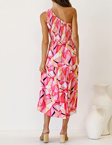 Image of ZESICA Women's 2026 Bohemian Summer Floral Print One Shoulder Sleeveless Smocked Ruffle Tiered Beach Long Midi Dress