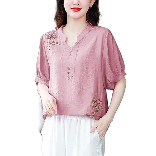 Chemise brodée femme oversize col V en coton doux manches courtes