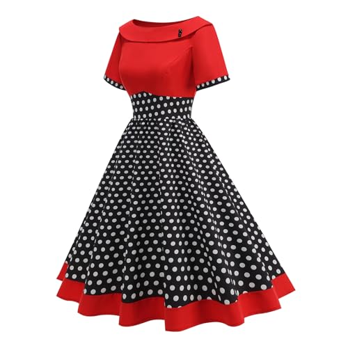 Image of Women's Boat Neck Polka Dot Cocktail Midi Dress Vintage Retro 1950s Style Swing Tea Length Wedding Guest Party Dresses