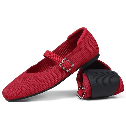 CELNEPHO Red Flats for Women Mary Jane Shoes Casual Ballet Knit Flats Square Toe with Ankle Strap Arch Support Slip On Dressy Comfortable Office Shoes