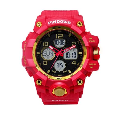 PINDOWS Hombre Relojes Deportivos, Digital Militares Relojes 50M Impermeable con Luz LED Cuenta Atrás Reloj Parada,Hora Dual Relojes,Naranja