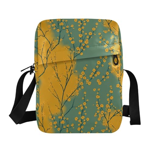 KLL Yellow Flowers Green Pattern men's messenger bag Vegan Leather Small Crossbody Bag Women Travel Shoulder Handbag For Travel
