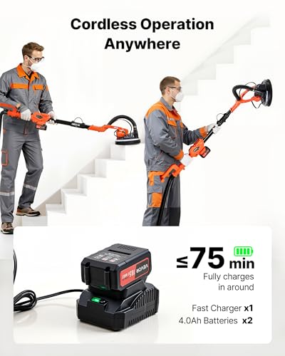 Image of VEVOR Cordless Drywall Sander, 450W Electric Sander, Popcorn Ceiling Removal Tool with Vacuum Dust Collection, 7 Variable Speed 0-1600 RPM, LED Light, Foldable & Extendable Handle, 15 Sanding Discs