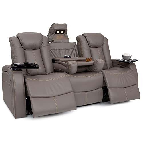Seatcraft Republic Leather 7000 Home Theater Furniture, Living Room, Power Headrest, Power Recline (Sofa with Fold-Down Table, Gray)