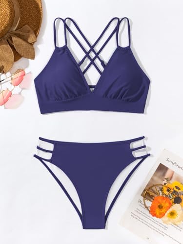 Image of Fanuerg Women's Sexy V Neck Bikini Sets Hollow Out Two Piece Swimsuits Cutout Mid Waist Bathing Suit