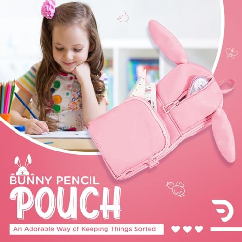 Image of DEOXY Polyester Large Capacity Pencil Pouch for Girls & Boys with 3 Zippers & 5 Compartments| Waterproof Aesthetic Cute Bunny Ears Standing Pencil Case for Kids, Multiutility Pouch (Baby Pink)