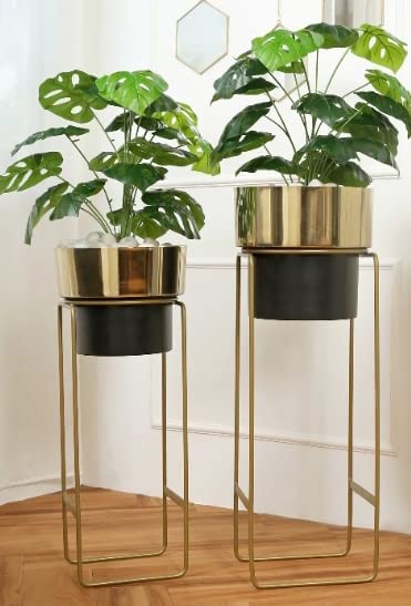 Image of AMASS HANDICRAFTS Planters for Indoor Plants Metal Planters with Stands & Indoor Plant Pots for Indoor Plants & Mid Century Plant Stands with Pots & Plant Pots Indoor Planter Set of 2 (Gold Black)