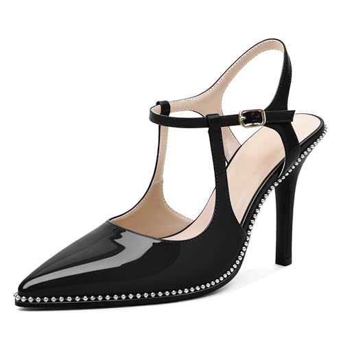 Image of SAMMITOP Womens High Heels Ankle Strap Pointed Toe Stilettos Patent Leather Beaded Pumps Dress Shoes 3.5 Inch
