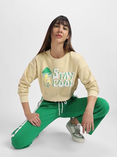 Image of JUNEBERRY Cotton Poly Fleece Regular Fit Beige & Black Graphic Print Full Sleeve Sweatshirt for Women