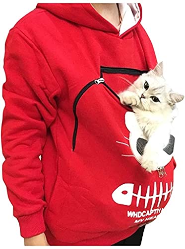 ペット 抱っこ用エプロン 猫 抱っ お腹のポッケに猫 犬を 猫と一緒に出かけ服 カンガルーのような袋 スウェット 男女兼用 パーカー レディース トレーナー ゆったり ポケット猫入れポケット付き 犬入れポケット 散歩 旅行 (レッド,M)