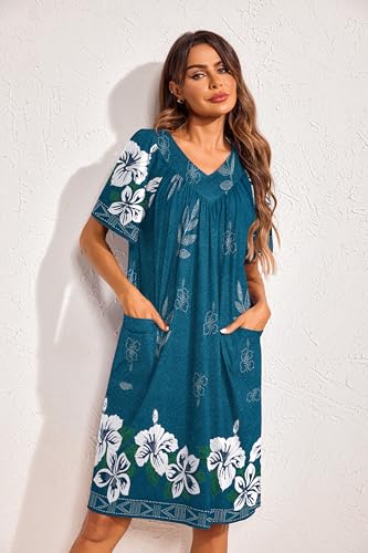 Image of Ekouaer Womens House Dress Floral Print Nightgown with Pockets Mumu Dress | V Neck Nightgowns for Women Pleated Short Sleeves Mumu Dresses Knee Length Moo Moo for Sleep, Daily Wear, Vacation, Party