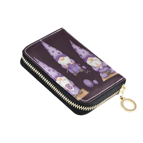 Gnomes Dark Purple Credit Card Holder, Small RFID Blocking Wallet, Accordion Style Card Case with Key Chain Zipper