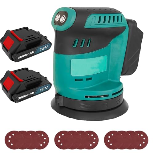 Cordless Orbital Sander with 2X 3000mAh Battery, Brushless Random Orbital with 12 Sandpapers 360°Rotating Sanding, for Sanding, Polishing Metal Wood
