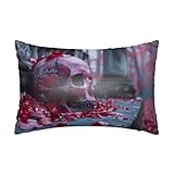 Photo Gallery tzttzt federa in raso di seta, per capelli e pelle, queen size, con cerniera, motivo gotico con teschio rosso, 50 x 76 cm