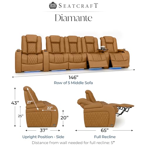 Image of Seatcraft Diamante Tan Oak Italian Leather Home Theater Seating, Zero Gravity Power Recliner Gaming and Home Office Chair, Powered Headrest Lounge Sofa Furniture for Cinema Room, Row of 5 Middle Sofa