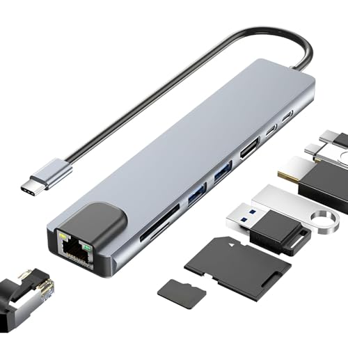 Concentrador USB C Ethernet con HDMI 4K, Adaptador Tipo C 8 en 1 con Ethernet 100W PD USB 2.0/3.0 Lector SD/TF, Adaptador Multipuerto Tipo C para Macbook Neo Pro Air Samsung, Multi Puerto Hub USB C