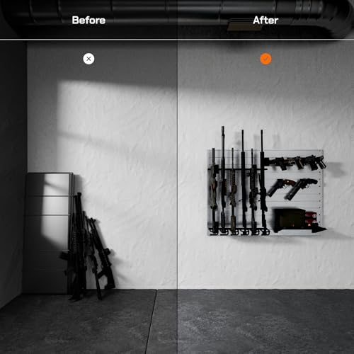 Hold Up Displays Gun Wall Mount Display, Modular Tactical Wall For 6 Pistols And 6 Rifles, Police Gear Rack And Equipment Organizer, Heavy-Duty Aluminum Light Silver Slatwall Gun Storage System thumb #1