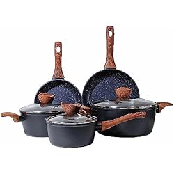 Ollas Y Sartenes Canal Cocina La Moustache - Batería de Cocina de 8 Piezas Antiadherentes, Aluminio con Capas de Titanio, 3 Ollas con 3 Tapas de Vidrio Templado y 2 Sartenes para Todas las Cocinas, Incluso Inducción (Callao)