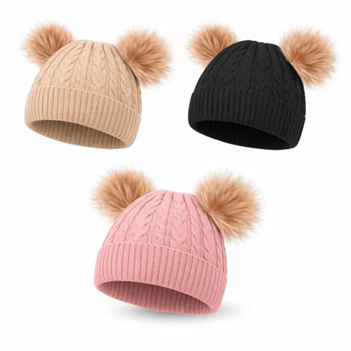 Image of Geyoga Kids Toddler Winter Pompom Hat Baby Knitted Beanie Hat Faux Fur Pom Beanie Cap for Girls Boys 1-3 Years Old