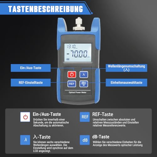 Glasfaser-Leistungsmesser, Optischer Leistungsmesser Glasfaserkabel-Tester, -70-+10dbm Optisches Eistungsmesser Faser Optisches Kabel Tester, Arbeitswellenlänge 850-1625nm
