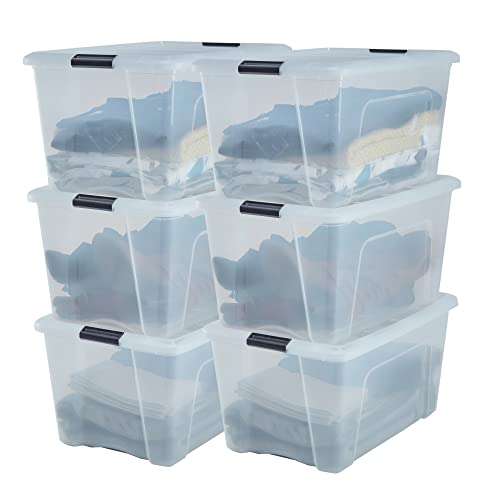Iris Ohyama, Boîtes de rangement plastique avec couvercle et clips de fermeture, 45L, Lot de 6, Poignée intrégrée, Empilable, Sans BPA, Chambre,Bureau, Salon, DDNTB-45, Transparent
