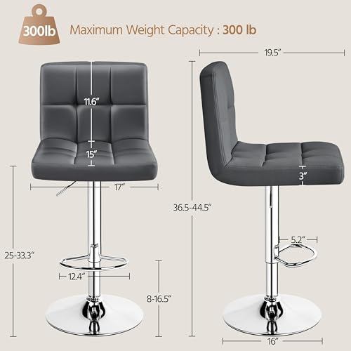 Image of Yaheetech Bar Stools Set of 2, Adjustable PU Leather Swivel Barstools, Modern Counter Stools with Back and Footrest, Counter Height Barstools for Bar, Kitchen, Dining Room, Gray