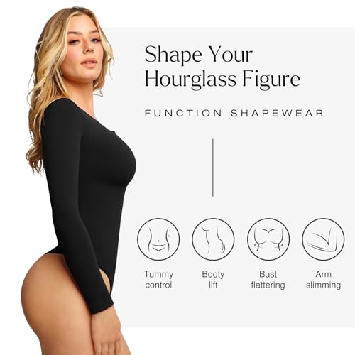 Image of Popilush Long Sleeve Shapewear Bodysuit Tummy Control Henley Button Up Modal Scoop Neck Body Suit Tank Tops