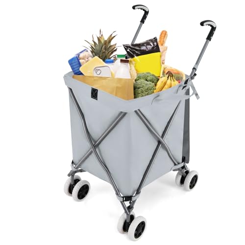 GYMAX Carro de la Compra Plegable, Carga de 50 kg/90 L, Carro Compra 4 Ruedas con Asa en Forma de L, Tejido Oxford Impermeable y Cubierta, para Compras, Camping (Gris)