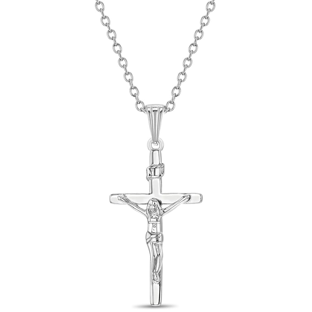 925 Sterling Silver 19" Traditional Jesus Crucifix Pendant Necklace for Young Girls & Teens - Religious Classic Cross Pendant Charm Jewelry for Girls - Shiny & Timeless Petite Crucifix for Preteens