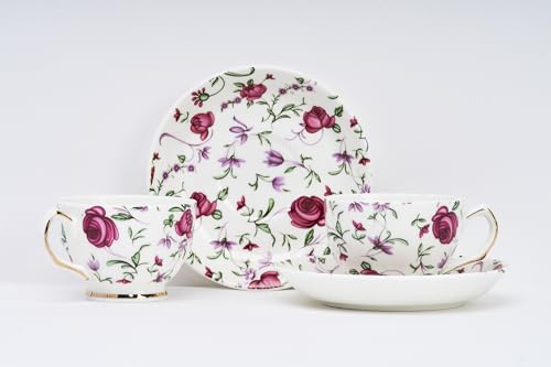 Image of GOLDEN QUEEN'S Cup & Saucer Set | Perfect for Hosting & for Tea /Coffee Lovers | Handcrafted in India, Inspired by Florals & 24-Carat Gold Rim | 6 Cups & 6 Saucers |170 ml (Button Rose)