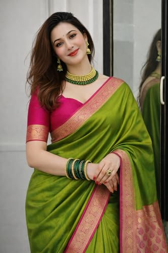 Image of Women's Glory Banarasi Satin Silk Saree with Rich Zari Woven Border & Pallu | Soft Glossy Party Fancy Traditional Saree for Wedding, Festive, Function | Blouse Piece Included