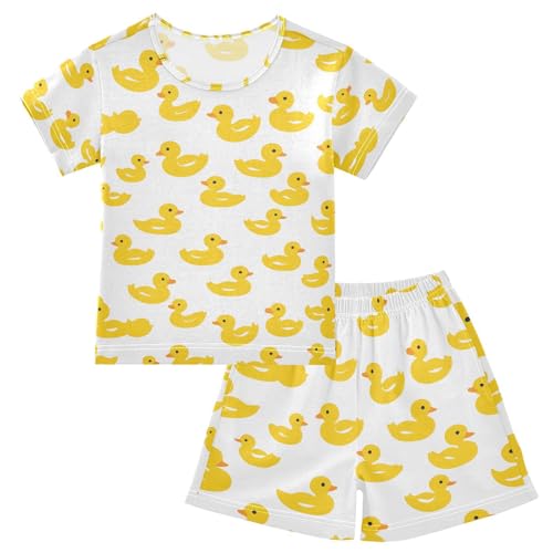 ALAZA Yellow Duck on White Pajamas Set Short Sleeve Cotton Sleepwear Summer Pjs 2 Piece 5-14Y