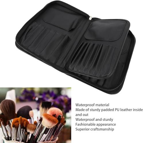 Image of Makeup Brush Holder Bag, Professional Makeup Brushes Organizer Bag Makeup Artist Cosmetic Case Leather Handbag Black Travel Portable