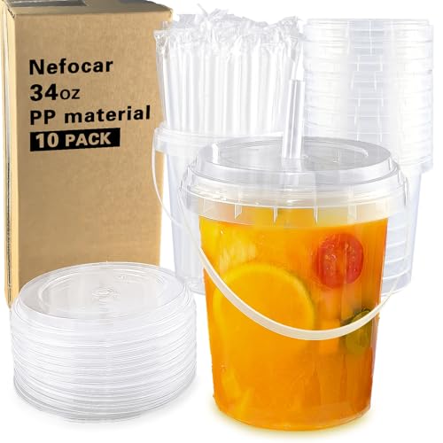 10 Pack 34oz Plastic Cups with Lids and Straws Disposable Iced Coffee Cups with Lids Sturdy & Food Safe Drink Buckets for Cold/Hot Drinks Smoothies Fruit Drinks Cups Summer Beverages Bar/Beach Party