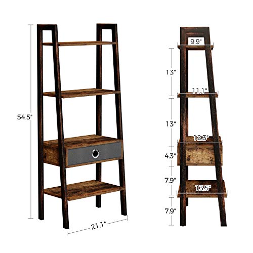 Rolanstar Ladder Shelf with Drawer, Rustic Ladder Bookshelf, 4-Tier Utility Organizer Shelves, Stable Metal Frame, for Living Room, Office Room, Rustic Brown