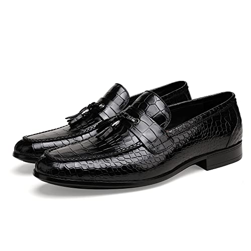 Image of Mens Leather Tassel Loafer, Classic Luxury Smooth Upper Tassel Slip-on Penny Loafer for Mens, Black