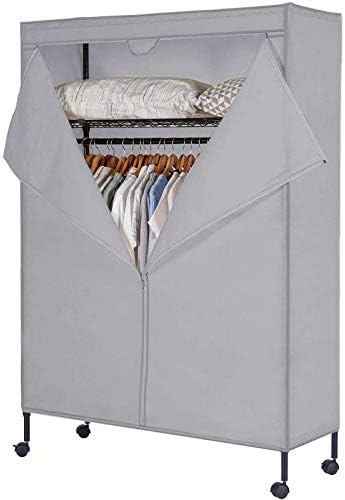 JS HOME Heavy Duty Garment Rack, Free-Standing Rolling Clothes Rack with Fitted Grey Oxford Cover, Extra Large Wardrobe Storage Rack/Organizer