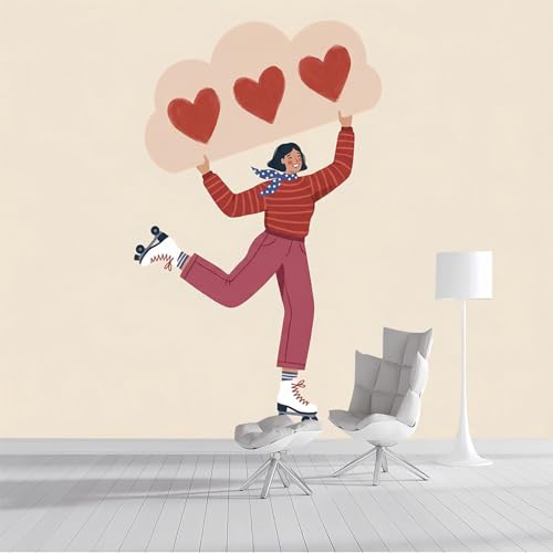 Papel Pintado Ilustración Plana Pared 3D Papel Tapiz - Patinadores Nubes Corazón Murales Tapiz Fotomural para Sala Cuarto Oficina Salón Tv Fondo Pared Dormitorio Decoración, Rojo Beige