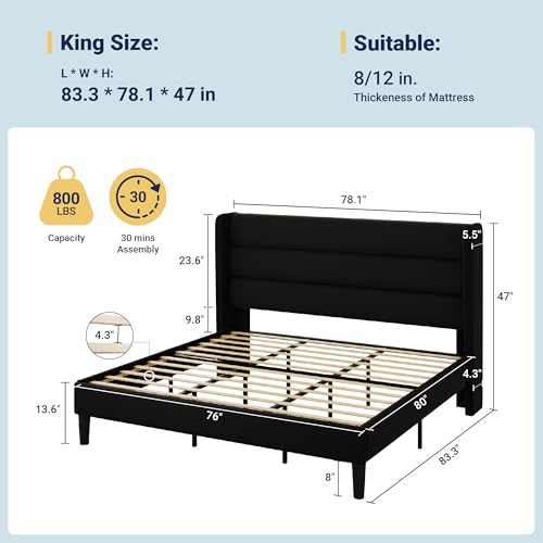 Image of Allewie King Size Platform Bed Frame with Velvet Upholstered Wingback Headboard, No Box Spring Needed, Under Bed Storage Space, Strong Wooden Slats, Modern Mattress Foundation, Easy Assembly, Black