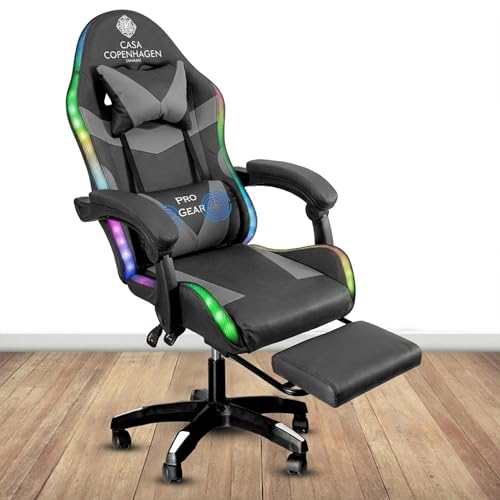 Image of Casa Copenhagen Designed in Denmark,High-Back Italian Leather Gaming Ergonomic Chair with Advanced Mechanism with LED Light & Electric Back Massager, Memory Foam Seating - Grey & Black