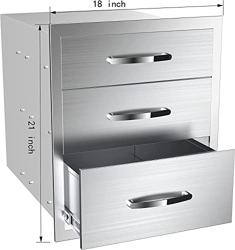 Image of 18''W x 21''H x 23''D Outdoor Kitchen Triple Access Drawers Stainless Steel, Flush Mount BBQ with Handles BBQ Island for Outdoor Kitchens or Patio Grill Station