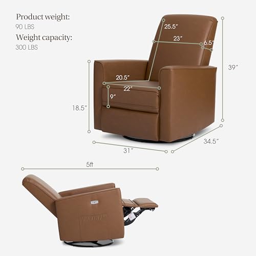 Image of Evolur Harlow Upholstered Power Glider Recliner with USB Charging - Rocking & 275 Swivel with Smooth Glide - Greenguard Gold & FSC Certified - Modern Nursery and Living Room Chair in Cognac