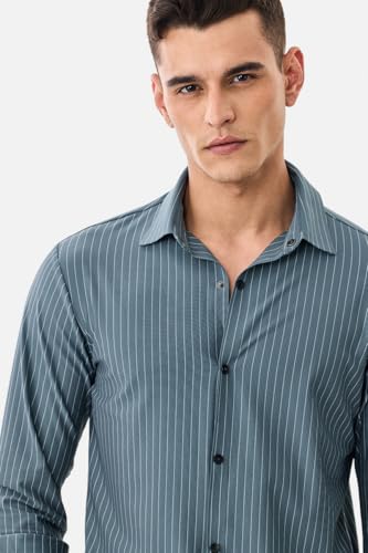 Image of SNITCH Men Casual Plus Size Shirt | Regular Fit Full Sleeve Mandarin Collar Striped Design | Premium Cotton Linen Blend & Breathable Fabric for Office & Everyday Wear