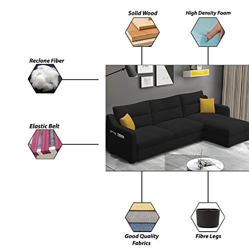 Image of Casaliving Montario 4 Seater L Shape Sofa Set for Living Room (Black Fabric) Left Side Sofa