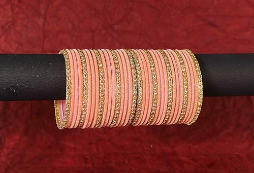Image of NMII Premium Glass & Golden Beads Velvet Bangle Set For Women and Girls | Velvet Chudi | Traditional Chudi Set | Designer Girl's Bangles Bracelet | Wedding, Party, Festive, Daily- Set of 34