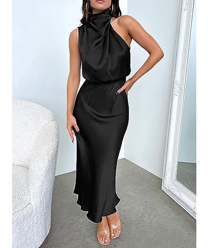 Image of Sexyshine Women's Elegant Halter Tie Neck Sleeveless Satin Long Dress Backless Split Cocktail Party Formal Wedding Maxi Dress