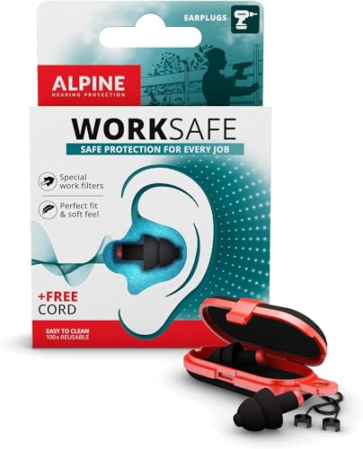 Alpine WorkSafe Ear Plugs for Work & DIY - Reduce Machine Noises with Safety Cord - Comfortable Reusable Earplugs for Maximum Ear Protection (23 dB SNR)