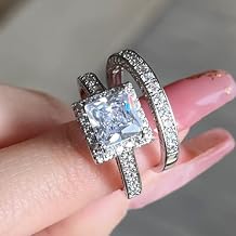 Wedding Ring Set 2ct 925 Sterling Silver Bridal Ring Sets Emerald Cut Cz Engagement Rings Vintage Promise Rings Sets Square Wedding Bands Multi Row Ring Eternity Engagement Ring Sets for Women 8