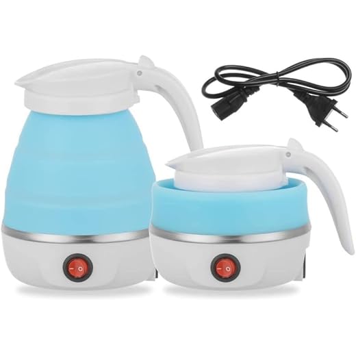 FOREWAY Travel Folding Electric Kettle, Fast Boiling, Portable Electric Kettle, 600ml Boil Dry Protection, 100-240V Food Grade Silicone Foldable Kettle (multicolor), 600 watts